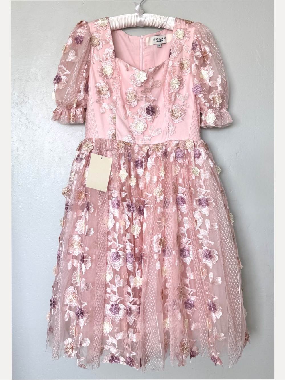 JessaKae The Cupcake Pink Floral Tulle whimsical Midi Dress Size M